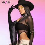 New Super Sexy Bodysuit Women Black Single Sleeve See-Through Ultra-Thin Mesh Fabric Turtleneck High Leg Thong Body