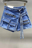 Solid Irregular Cargo Pocket Denim Shorts Women Sexy High Waisted Shorts Skirts Spring 2023 Female Bottoms
