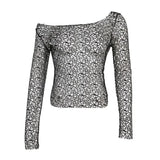 Irregular Skew Collar Fishnet Mesh Fairycore Tops Women Hollow Out Sexy Sun Protection Long Sleeve Retro Black