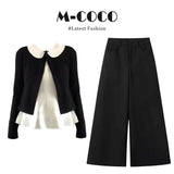 High-Grade Black Knitted Cardigan Doll Collar Bottom Shirt Jersey Trousers Three-Piece