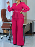 Women's Elegant Fashion Office V-Neck Long Sleeves Folded Waist Tops Wide-Legged Trousers All-Legged