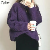 Women Vintage Purple Harajuku Simple Ulzzang Trendy Ladies Knitwear Long Sleeve Winter Fall Basic Femme Chic