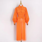 Minimalist Solid Dress For Women Lapel Lantern Long Sleeve High Waist Patchwork Mesh Midi Dresses Female 2022
