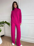 Women Turtleneck Knitted Sweater Set Casual Solid Sweater High Waist Wide Leg Pant Suit 2022 Autumn Fashion Lady Knitwear