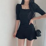 South Korea Chic Sweet Temperament Square Collar Exposed Clavicle Pits Slim Puff Sleeve Short Dress