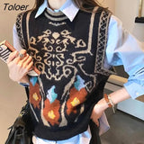 Size 3xl Flower Pattern Knitted Vests Women New Vintage Sleeveless Sweaters Casual Chic Loose O-neck Pullover