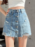 VAREY LIN New Summer High Waist Denim Mini Skirts Shorts Women Casual Slim Single Breasted A-line Jeans Skirts