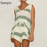 v neck summer khaki knitted drawstring 2 piece women set casual beach striped two piece set crop top and shorts