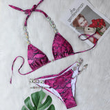 Toloer New Bikini, Sexy Snake Print Crystal Diamond Female Split Swimsuit Beach
