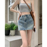 Girls Retro Denim Skirt Half-Length Skirt Women's Summer New A-Word Half Skirt High Waist Short Hip Skirt-Outfit