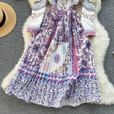 Flower Print Pleated Shirt Dress Turn Down Collar Long Sleeve A Line Midi Dress Spring Autumn Women's Clothing