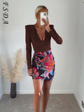 Deep V Neck Autumn Winter Long Sleeve T Shirts Women Brown Y2K Basic Sexy Top Shirt Casual 90s Vintage Fashion