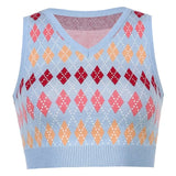 V Neck Sweat Cute Argyle Sweater Vest Women Y2K Sleeveless Plaid Knitted Crop Top Pullover Casual Spring