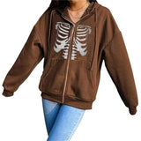 Women Y2K Zip Up Hooded Sweatshirt Skeleton Graphic Hoodie Vintage 90s E-Girl Harajuku Goth Aesthetic Shirt with