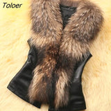 Women PU Leather Faux Fur Coat 2021 Casual Plus Size Sleeveless Faux Fox Fur Collar Vest Winter Jacket Coat Women