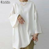 Womens Baggy Solid Blouse ZANZEA 2022 Vintage Flare Sleeve Tops Casual Autumn Blusas Female Split Tunic Oversized