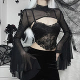 Net Horn Sleeve Double Ribbon Shoulder Dark Wind High Collar Characteristic Corns Strapped Long-Sleeved Blouse-Outfit