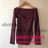 new spring sexy stylish sqaure collar full sleeves knitting pullover sexy slim T-shirt female top