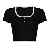 Desire Atmosphere Wearing Lace Button Splicing Color Navel Slimming Striped Short-Sleeved T-Shirt 2023 New Style-Outfit