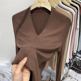 Threaded Deep V Long-Sleeved T-Shirt Women's Spring And Autumn New Slim Bottom Shirt With Pure Sexy Solid Color Blouse-Outfit