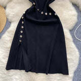 Temperament Half-High Collar Short-Sleeved Dress Female Design Button-Skinny Open Fork Medium Long Knitting