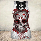 Tops Women 3D Skull Printed Cut Out Back Tshirt Halloween Gothic Sleeveless Top Gym Workout Vest Fitness Shirt