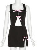 Women Y2K Sexy 2 Pieces Skirt Sets Front Tie-up Sleeveless Tank Crop Tops Side Split Short Mini Skirts Party Outfits-Outfit