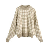Houndstooth Oversized Knitted Sweater Women Long Sleeve Loose Plaid Pullover Female Autumn Winter Retro Jumper