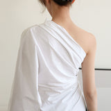 White Casual T Shirt For Women Skew Collar Long Sleeve One Off Shoulder Patchwork Irregular Hem T Shirts Female