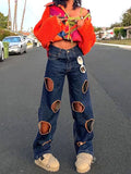 Blue Boyfriend Jeans High Waist Zipper Fly Solid Hollow Out Jeans