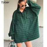 Green Shacket Oversize Shirts Women Dropped Shoulder Street Style Plaid Blouses Double Pockets Casual Loose Top