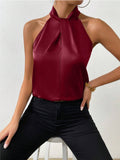 New Summer Women's Satin Neck-Hanging Sleeveless Vest Satin Imitation Silk Blouse From Stock-Outfit