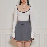 Bowknot Splicing Colour Knitting Skinny Blouse Woman 2024 Sweet Spice Girl French Ballet Style Slim Hollow T-Shirt-Outfit