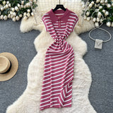 Chic Summer Dress Niche Retro Polo Collar Short-Sleeved Striped Dress Female Waist Temperament Open Long