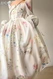 Elegant Floral Midi Dress for Women Party Evening Chiffon Long Sleeve Fairy One Piece Dress Korean Beach Summer