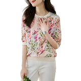 Toloer Shot Round Collar Jacket Women's Short Sleeve 2023 Summer New Thin High-End Hemp Print Temperament Five Sleeve T-Shirt-Outfit