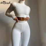 Winter Casual Two 2 Piece Set Sweatsuits Tracksuit For Women Outfits Turtleneck Crop Top Pants Suits Black Matching