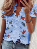 Boho Floral Print Slim Shirt Office Lady Retro Tops Women Casual Short Sleeve Sexy V-neck Ruffles Blouse 2022