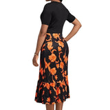 Long-Waisted Temperament Commuter Black Dress Set Short-Sleeved Printed