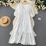 Embroidary Solid Women Chic Dress V Neck Gentle Single Breasted Retro Vacation 2022 Ladies A Line Beach Long