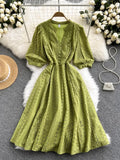 Autumn Women Green/Orange/White Hollow Out Midi Dress Elegant V-Neck Puff Short Sleeve High Waist Party Robe Female Vestido