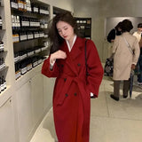 Women Mid Length Wool Coats Splice Korean Jackets Turn Down Collar Full Sleeve Double Breasted Thick Autumn Winter-Outfit