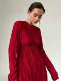 Luxury Elegant Dress Women Pleated Autumn Party Dress Lady Slim Long Sleeve Midi Dress Evening 2022 Robe Hollow