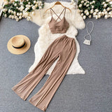 Knitted Pocket Women Sport Sets Backless Strapless Camisole+ Summer Elastic Waist Wide Leg Pants Fashion Two Piece