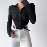 Turn Down Collar Jacquard Women Cropped Blouse Button Long Sleeve Black Basic Sexy Autumn Irregular Fashion Lady