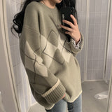 Argyle Sweaters Women Fashion Plaid Sweater Aesthetic Vintage Women Jumpers Autumn Winter Long Sleeve Pull Femme