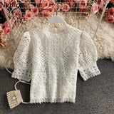 Mujer De Moda 2023 Vintage Puff Sleeve Blouses Hollow Out Crochet Floral Crop Tops Korean Summer Elegant Lace