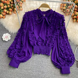 Autumn Women Ruffle Blouse Vintage Bow Collar Lantern Long Sleeve Short Tops Female Purple/Rose Red/Green/White Shirts