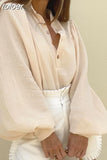 Elegant Solid Loose Shirt For Women Lapel Collar Long Lantern Sleeve Button Through Blouses Female Spring Fashion