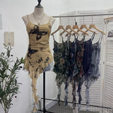 À±bab Net Yarn Print Small Sling Vest Tidly Tidly Ribbon Ribbon Leaves Edge Sleeveless Top